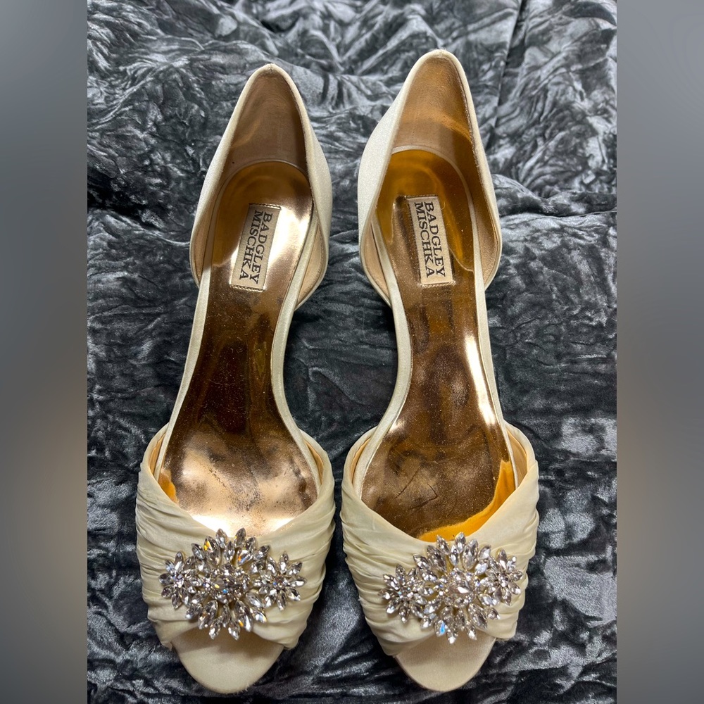 Badgley Mischka wedding shoes size 9, with extra stem pads.  Good condition!